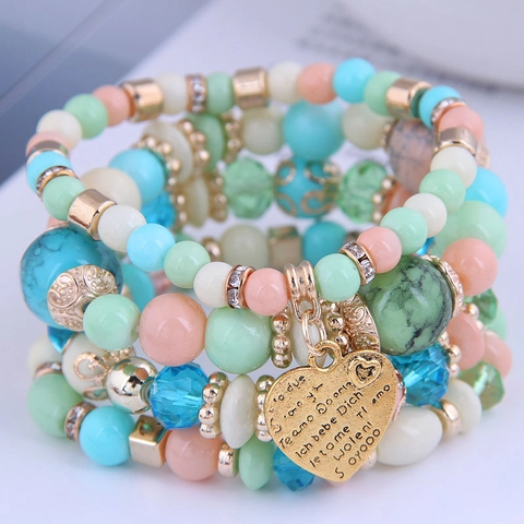Böhmische Mehrlagige Perlenarmbänder Legierung Harz Herzanhänger Graviert Ich Liebe Dich Mehrsprachig Elastischer Ethno Schmuck