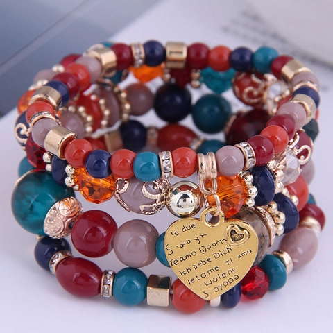 Böhmische Mehrlagige Perlenarmbänder Legierung Harz Herzanhänger Graviert Ich Liebe Dich Mehrsprachig Elastischer Ethno Schmuck