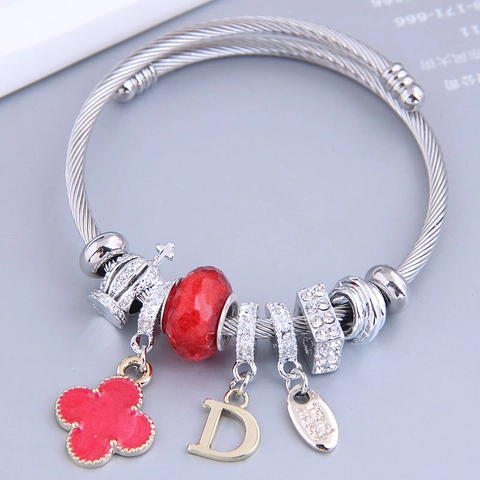 Bracciale In Filo D'Acciaio Inossidabile Con Quadrifoglio E Corona Ciondolo Perle Strass Braccialetto Regolabile