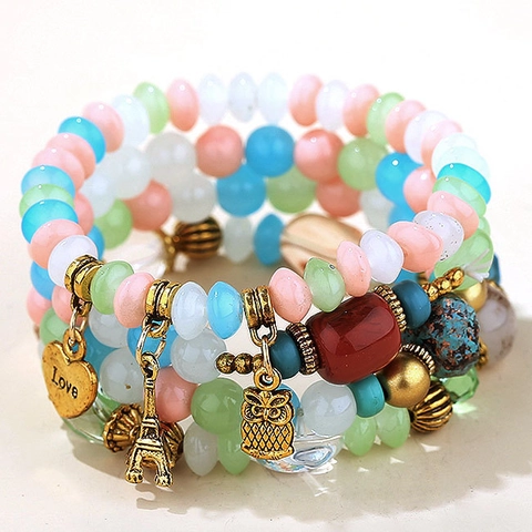 Bracciale Perline Multistrato Bohemien Elastico Lega Resina Con Ciondoli Gufo Torre Eiffel Cuore Per Donna
