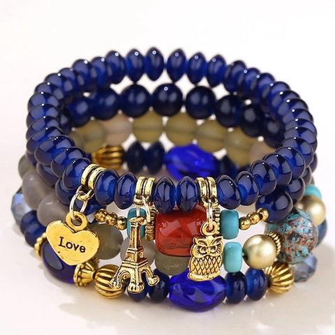 Bracciale Perline Multistrato Bohemien Elastico Lega Resina Con Ciondoli Gufo Torre Eiffel Cuore Per Donna