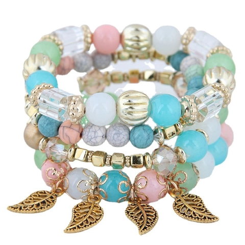 Bracelets Multicouches En Perles Bohème Pendentifs Feuilles Évidées Alliage Acrylique Perles De Verre Style Ethnique Pour Femmes