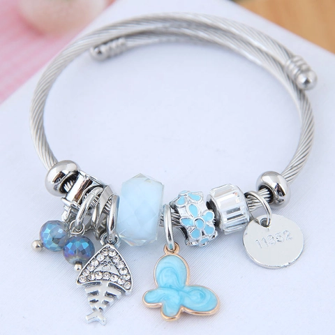 Boheems Roestvrij Staaldraad Charm Armband Voor Dames Vlinder Visgraat Emaille Kralen Verstelbare Open Armring Sieraden Cadeau