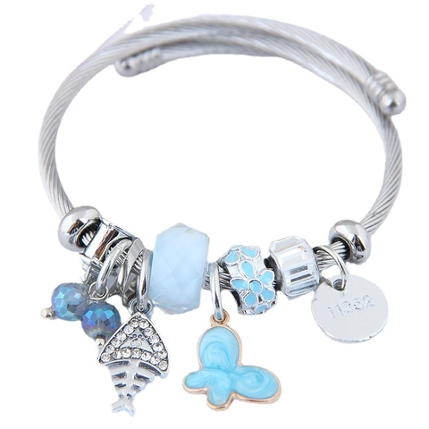 Women Adjustable Stainless Steel Wire Beaded Bracelet With Butterfly Fishbone Pendants Alloy Rhinestone Crystal Ethnic DIY Bangle Jewelry