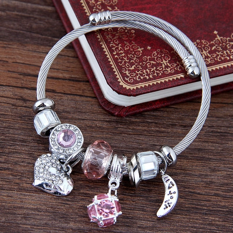 Heart Moon Crystal Charm Bracelet Stainless Steel Wire Cable Bangle Adjustable Sweet Jewelry For Women