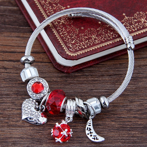 Heart Moon Crystal Charm Bracelet Stainless Steel Wire Cable Bangle Adjustable Sweet Jewelry For Women