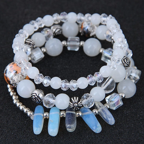 Women Multilayer Beaded Bracelet Alloy Cat Eye Stone Rhinestone Bohemian Vintage Rose Flower Elastic Jewelry