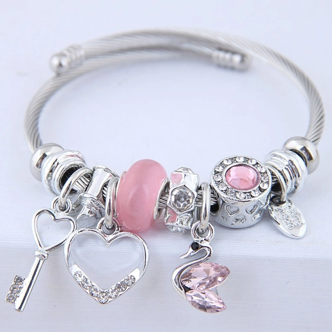 Pulsera De Dijes De Cuentas De Cristal De Aleación Alambre De Acero Corazón Llave Cisne Colgante Joyería Para Mujer