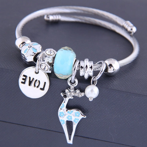 Bracciale Rigido In Filo Di Acciaio Inossidabile Lega Strass Cristallo Perla Artificial Ciondolo Cervo Charme Love Regolabile Cavo
