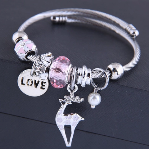 Bracciale Rigido In Filo Di Acciaio Inossidabile Lega Strass Cristallo Perla Artificial Ciondolo Cervo Charme Love Regolabile Cavo