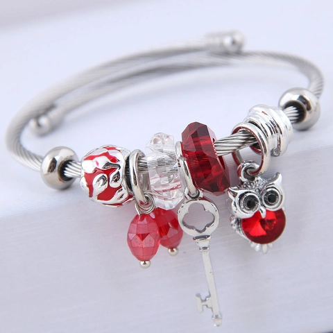 Bracciale Rigido Aperto Con Ciondolo Civetta E Chiave Filo Acciaio Inossidabile Cristallo Perline Regolabile