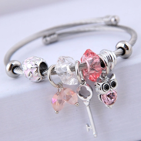 Bracciale Rigido Aperto Con Ciondolo Civetta E Chiave Filo Acciaio Inossidabile Cristallo Perline Regolabile