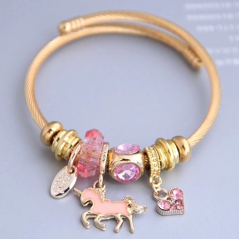 Stainless Steel Wire Bangle Charm Bracelet Alloy Rhinestone Heart Unicorn Pendant Crystal Beads Jewelry For Women