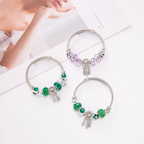 Traumfänger Charm Armband Edelstahl Kristallperlen Feder Kleeblatt Krone Anhänger Böhmischer Schmuck Für Damen