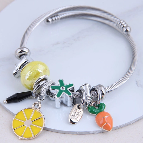 Stainless Steel Wire Spiral Bangle Bracelet With Alloy Enamel Lemon Carrot Charms Cute Fashion Jewelry For Women