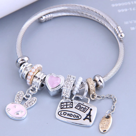 Bracciale Aperto In Filo Di Acciaio Inossidabile Lega Smalto Cuore Coniglio Braccialetto Con Ciondoli Tema Viaggio Strass Perla Artificial Gioielli