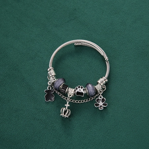 Stainless Steel Cable Wire Bangle Bracelet With Animal Crown Flower Charms And Purple Crystal Beads Adjustable Fashion