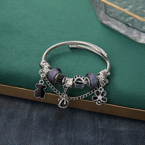 Stainless Steel Cable Wire Bangle Bracelet With Animal Crown Flower Charms And Purple Crystal Beads Adjustable Fashion