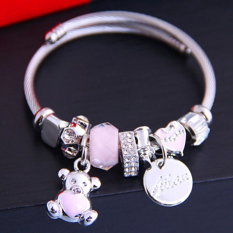 Adjustable Stainless Steel Wire Charm Bangle Bracelet With Alloy Bear Heart Charms And Sparkling Rhinestone For Women