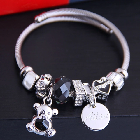 Adjustable Stainless Steel Wire Charm Bangle Bracelet With Alloy Bear Heart Charms And Sparkling Rhinestone For Women
