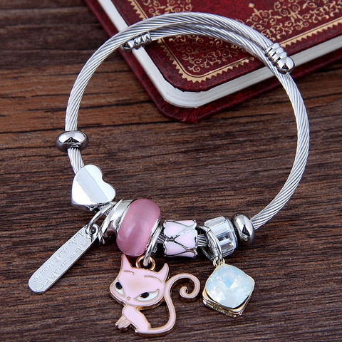 Adjustable Stainless Steel Twisted Wire Bangle Bracelet With Cat Heart Charms And Square Gem Stone Fashion Jewelry