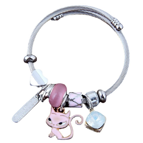 Women Fashion Alloy Enamel Cat Charm Bracelet Heart Square Crystal Cable Wire Bangle Trendy Elegant Jewelry Gift