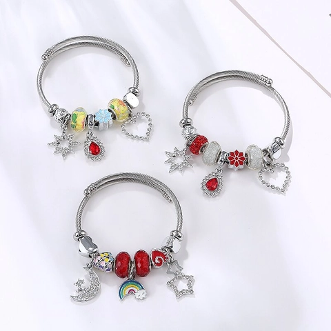 Bracciale Con Ciondoli In Cavo Di Acciaio Inossidabile Per Donna Lega Cuore Luna Stella Cristallo Smalto Perline Gioielli Boho