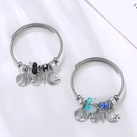 Roestvrijstalen Gedraaide Kabel Bedelarmband Voor Dames Olifant Levensboom Ster Maan Kristallen Kralen Verstelbaar