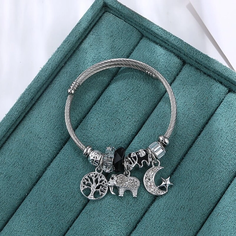 Roestvrijstalen Gedraaide Kabel Bedelarmband Voor Dames Olifant Levensboom Ster Maan Kristallen Kralen Verstelbaar