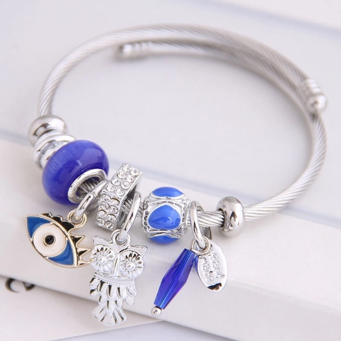Bracciale Rigido Regolabile In Filo Con Ciondoli Gufo E Malocchio In Lega E Strass Per Donna Gioielli Alla Moda