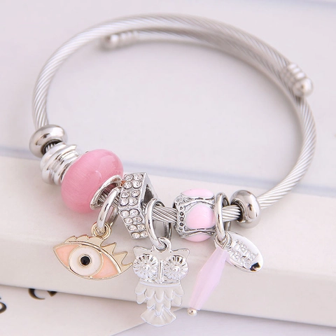 Bracciale Rigido Regolabile In Filo Con Ciondoli Gufo E Malocchio In Lega E Strass Per Donna Gioielli Alla Moda