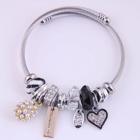 Stainless Steel Wire Bangle With Alloy Charms Rhinestone Heart Imitation Artificial Pearl And Crystal Beaded Adjustable For Women
