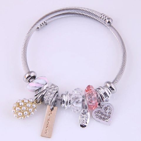 Stainless Steel Wire Bangle With Alloy Charms Rhinestone Heart Imitation Artificial Pearl And Crystal Beaded Adjustable For Women