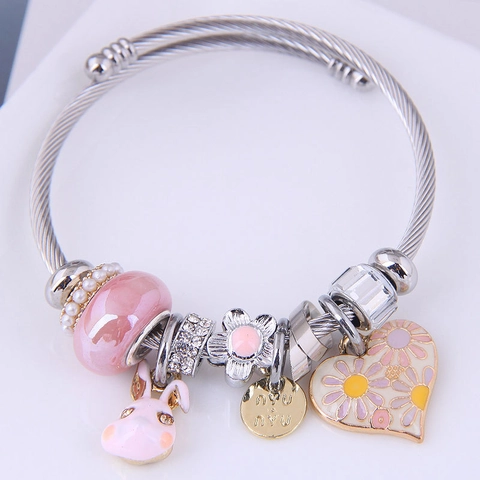 Roestvrijstalen Kabel Charm Armband Met Emaille Konijn Hart Madeliefje Legering Hangers Voor Vrouwen Schattige Zoete Sieraden