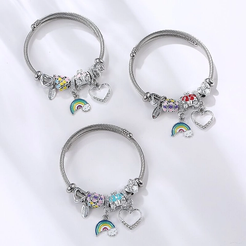 Bracciale Rigido Con Ciondoli In Acciaio Inossidabile Per Donna Boho Smalto Arcobaleno Cuore Carrozza