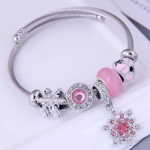 Bracciale Rigido Con Perline Filo Acciaio Inossidabile Lega Con Ciondolo Fiocco Di Neve Cristallo Pietra Occhio Di Gatto Donna