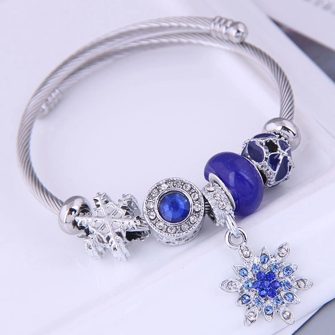 Bracciale Rigido Con Perline Filo Acciaio Inossidabile Lega Con Ciondolo Fiocco Di Neve Cristallo Pietra Occhio Di Gatto Donna