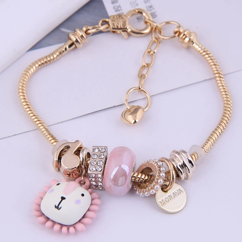 Snake Bone Chain Charm Bracelet For Women Alloy With Lion Head Pendant Colorful Glazed Beads Rhinestone Trendy Jewelry