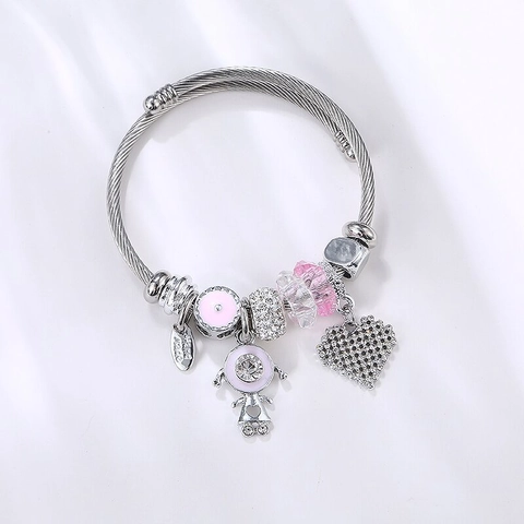 Stainless Steel Wire Charm Bracelet Bangle Pink Crystal Beads Enamel Alloy Heart Girl Pendant Fashion Jewelry