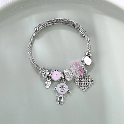Stainless Steel Wire Charm Bracelet Bangle Pink Crystal Beads Enamel Alloy Heart Girl Pendant Fashion Jewelry