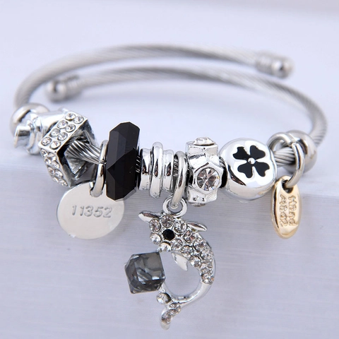 Bracciale Rigido In Filo Di Acciaio Inossidabile Con Ciondolo A Delfino E Perle Di Cristallo Con Strass