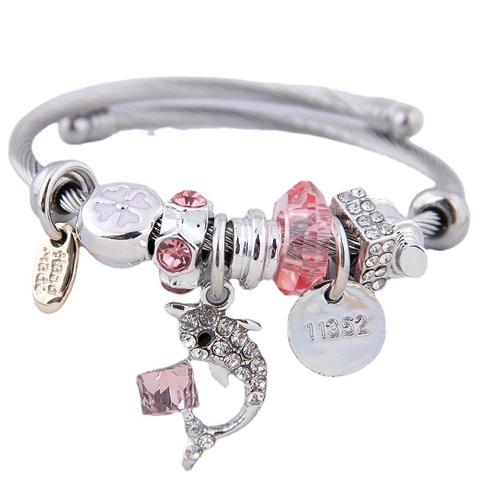 Dolphin Pendant Beaded Bracelet Stainless Steel Wire Rope Alloy Rhinestone Crystal Charms Handmade Jewelry For Women
