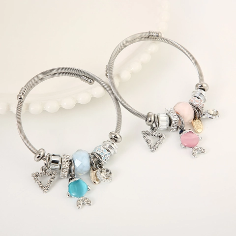 Bracciale Rigido In Filo Di Acciaio Inossidabile Bohemien Con Ciondoli A Pesce In Lega Pietra Occhio Di Gatto E Cuore In Strass Per Donna