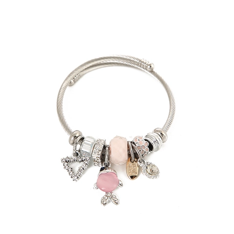 Bracciale Rigido In Filo Di Acciaio Inossidabile Bohemien Con Ciondoli A Pesce In Lega Pietra Occhio Di Gatto E Cuore In Strass Per Donna
