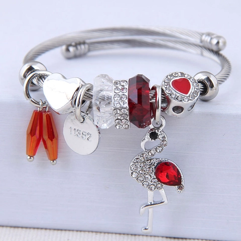 Adjustable Bangle Bracelet Stainless Steel Cable Alloy Flamingo Heart Charm Crystal Rhinestone DIY Beaded Jewelry For Women