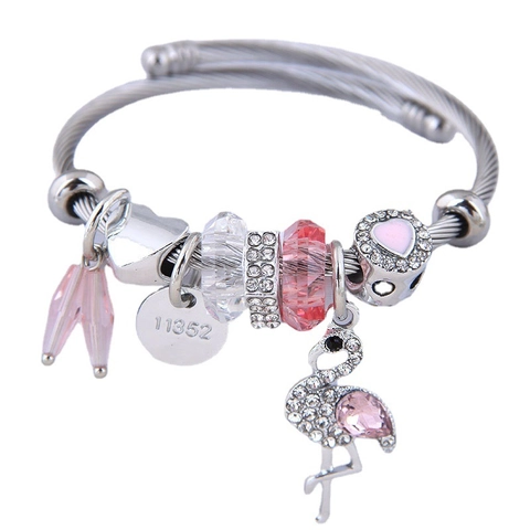 Bracciale In Filo D'acciaio E Lega Con Ciondolo Fenicottero E Cuori Di Cristallo Elegante Bangle Per Donna