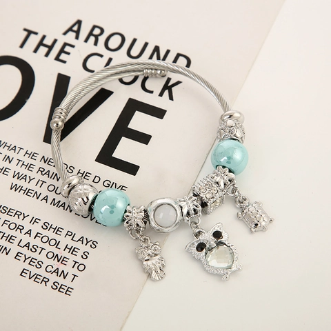 Perlen Charm Armband Eule Und Schildkröte Anhänger Edelstahldraht Legierung Verstellbarer Armreif Für Damen Ethno Stil