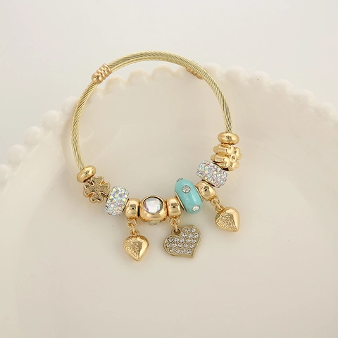 Stainless Steel Cable Bracelet With Alloy Heart Clover Charms And Rhinestone Pave Beads For Women Fashion Jewelry
