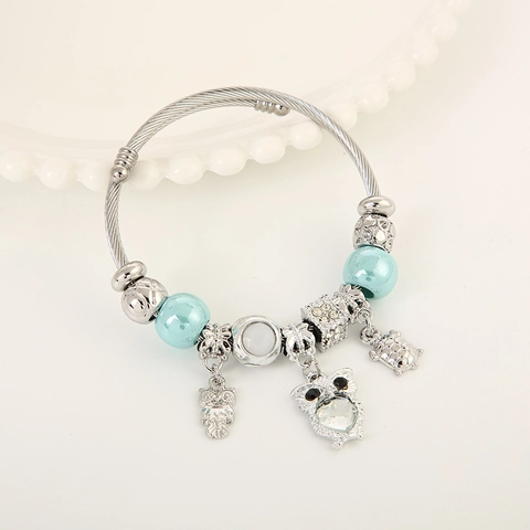Perlen Charm Armband Eule Und Schildkröte Anhänger Edelstahldraht Legierung Verstellbarer Armreif Für Damen Ethno Stil
