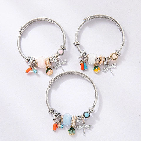 Dragonfly Flower Beaded Cable Bracelet Stainless Steel Heart Artificial Pearl Charm Bangle For Women Sweet Jewelry